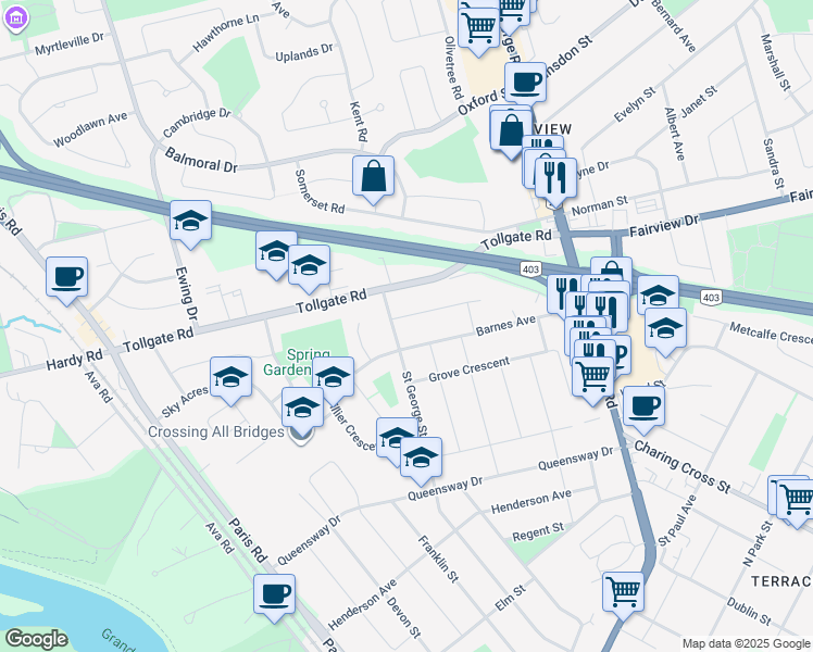 map of restaurants, bars, coffee shops, grocery stores, and more near 11 Barnes Avenue in Brantford
