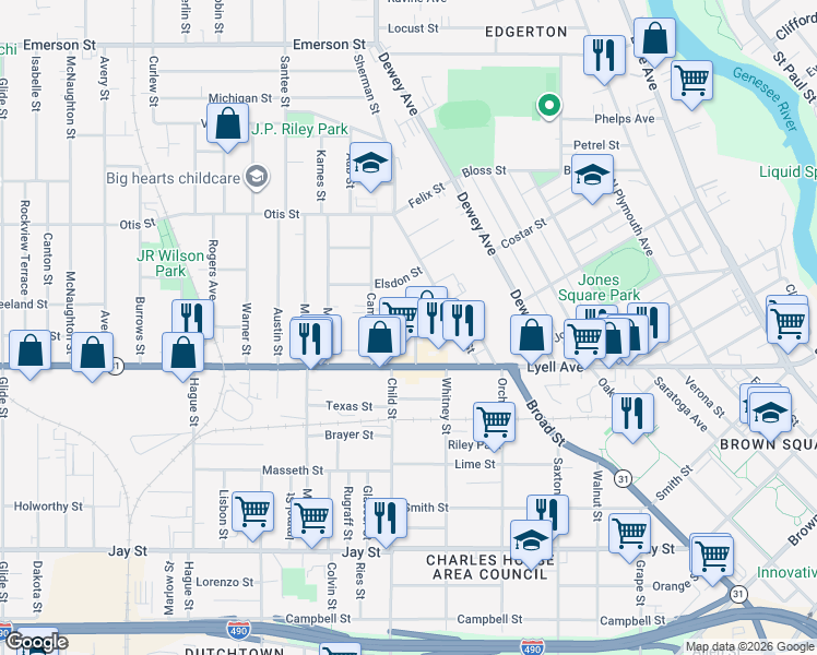 map of restaurants, bars, coffee shops, grocery stores, and more near 53 Angle Street in Rochester