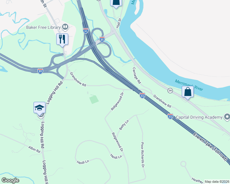 map of restaurants, bars, coffee shops, grocery stores, and more near 20 Grandview Road in Bow