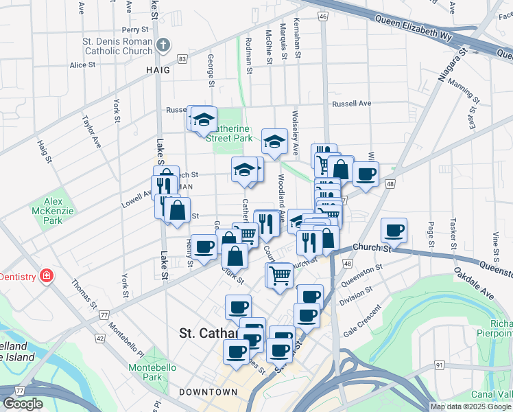 map of restaurants, bars, coffee shops, grocery stores, and more near 6 Hetherington Street in St. Catharines