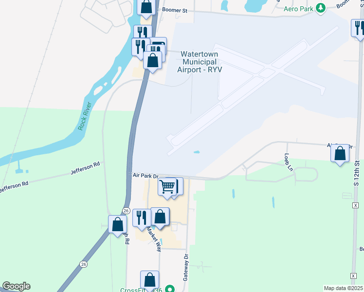 map of restaurants, bars, coffee shops, grocery stores, and more near 108 Air Park Dr in Watertown