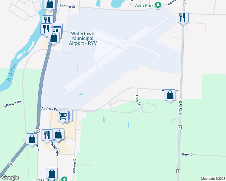 map of restaurants, bars, coffee shops, grocery stores, and more near 218 Air Park Drive in Watertown