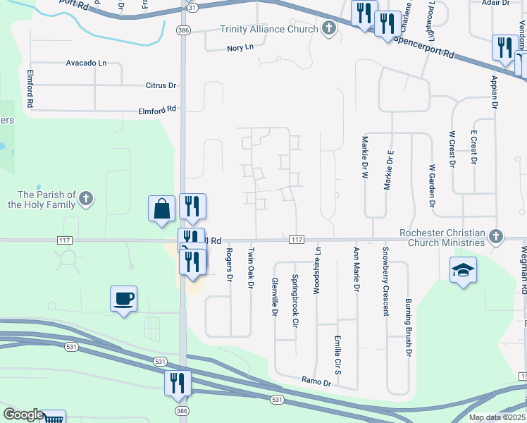 map of restaurants, bars, coffee shops, grocery stores, and more near 40 Hazelhurst Drive in Rochester