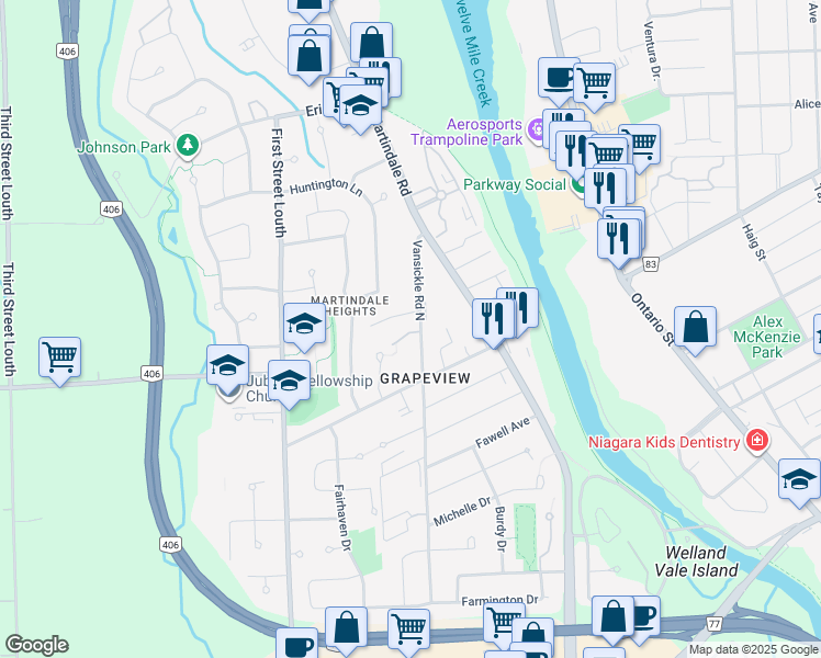 map of restaurants, bars, coffee shops, grocery stores, and more near 1046 Vansickle Road North in St. Catharines