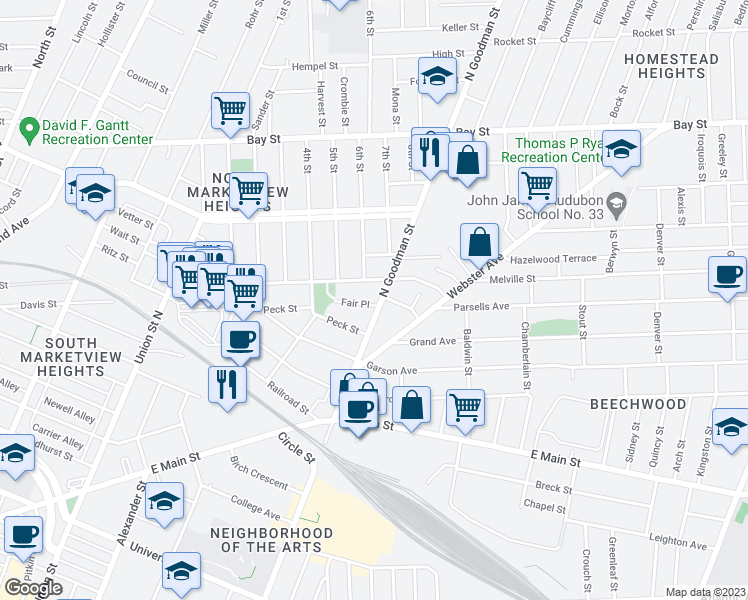 map of restaurants, bars, coffee shops, grocery stores, and more near 628 Goodman Street North in Rochester