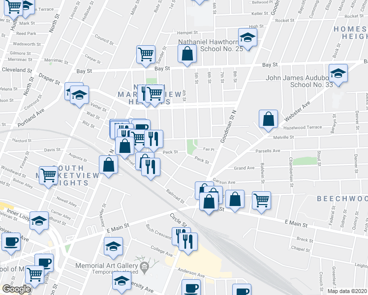 map of restaurants, bars, coffee shops, grocery stores, and more near in Rochester