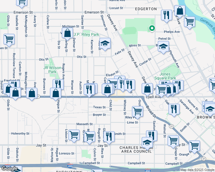 map of restaurants, bars, coffee shops, grocery stores, and more near 37 Cameron Street in Rochester