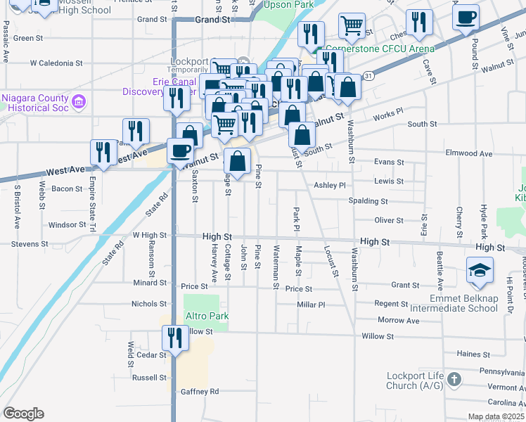 map of restaurants, bars, coffee shops, grocery stores, and more near 178 Pine Street in Lockport