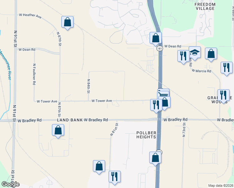 map of restaurants, bars, coffee shops, grocery stores, and more near 8000 West Tower Avenue in Milwaukee