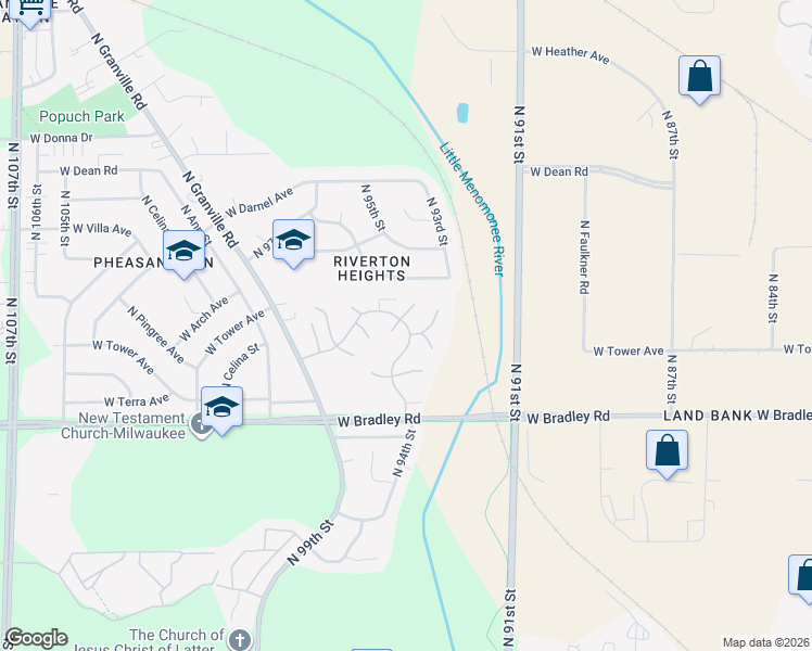 map of restaurants, bars, coffee shops, grocery stores, and more near 9710 West Tower Avenue in Milwaukee