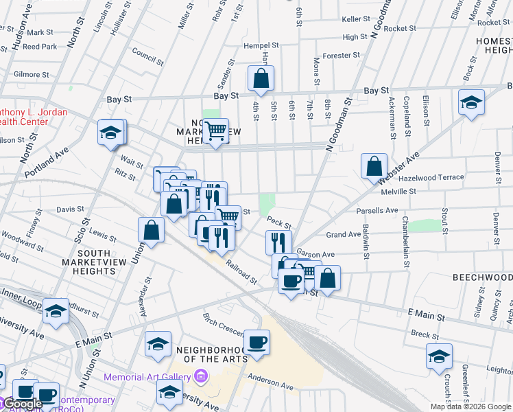 map of restaurants, bars, coffee shops, grocery stores, and more near in Rochester