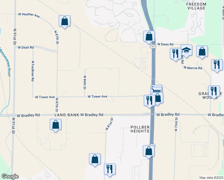 map of restaurants, bars, coffee shops, grocery stores, and more near 8000 West Tower Avenue in Milwaukee