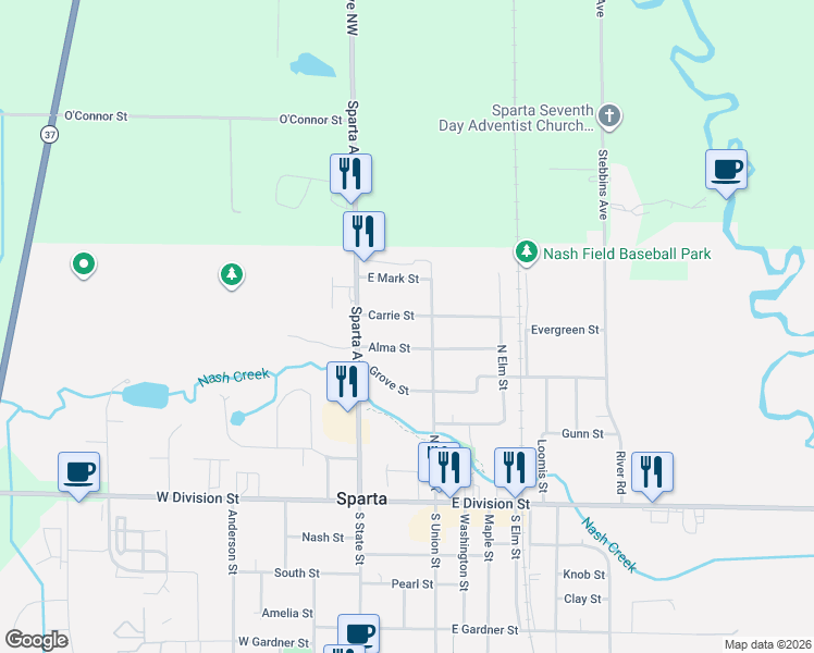 map of restaurants, bars, coffee shops, grocery stores, and more near 69 Alma Street in Sparta
