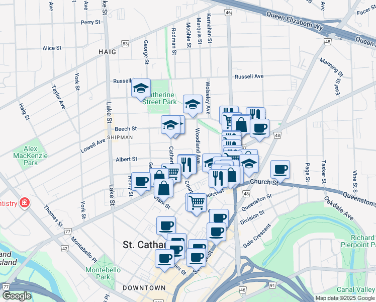 map of restaurants, bars, coffee shops, grocery stores, and more near 20 Hetherington Street in St. Catharines