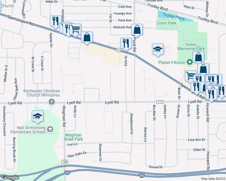map of restaurants, bars, coffee shops, grocery stores, and more near 70 Lechase Drive in Gates-North Gates