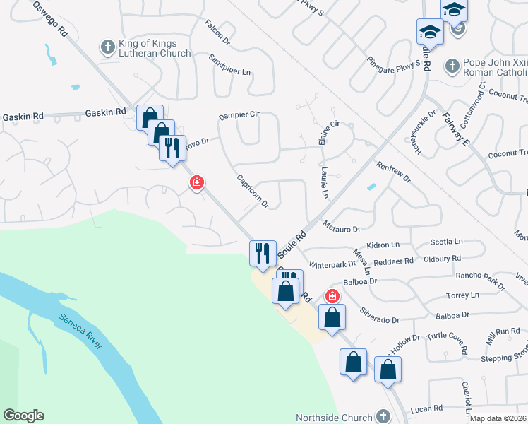 map of restaurants, bars, coffee shops, grocery stores, and more near 8130 Oswego Road in Liverpool