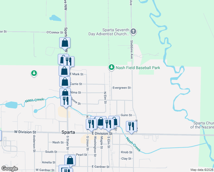 map of restaurants, bars, coffee shops, grocery stores, and more near 240 North Elm Street in Sparta