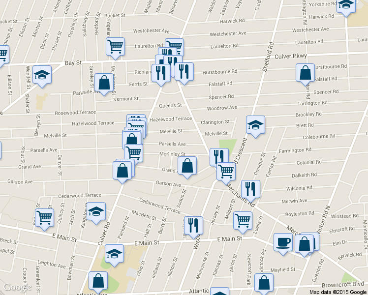 map of restaurants, bars, coffee shops, grocery stores, and more near 142 McKinley Street in Rochester