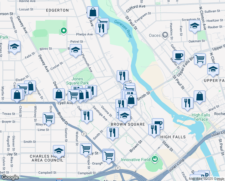 map of restaurants, bars, coffee shops, grocery stores, and more near 88 White Street in Rochester
