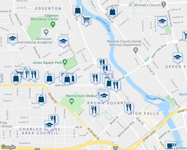 map of restaurants, bars, coffee shops, grocery stores, and more near 724 Plymouth Avenue in Rochester