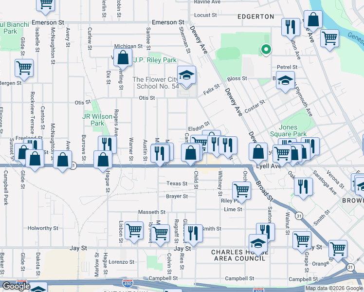 map of restaurants, bars, coffee shops, grocery stores, and more near 37 Cameron Street in Rochester