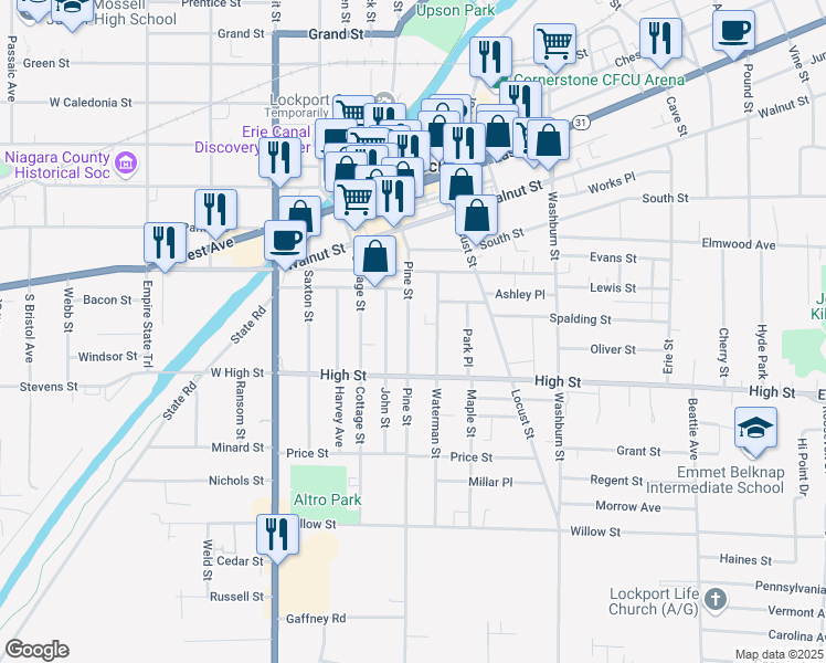 map of restaurants, bars, coffee shops, grocery stores, and more near 178 Pine Street in Lockport