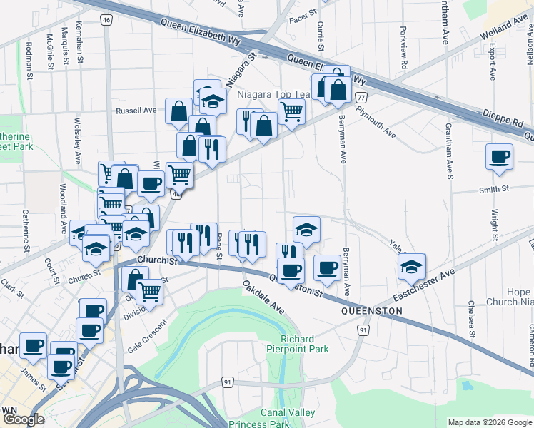 map of restaurants, bars, coffee shops, grocery stores, and more near in St. Catharines