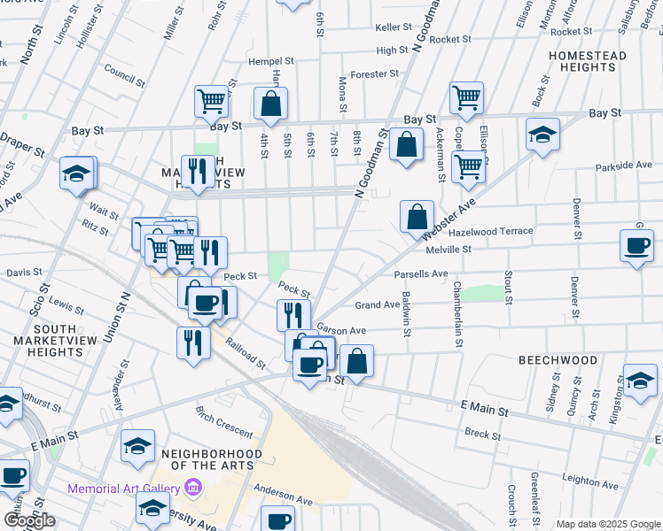 map of restaurants, bars, coffee shops, grocery stores, and more near Goodman Street North & Ripley Street in Rochester