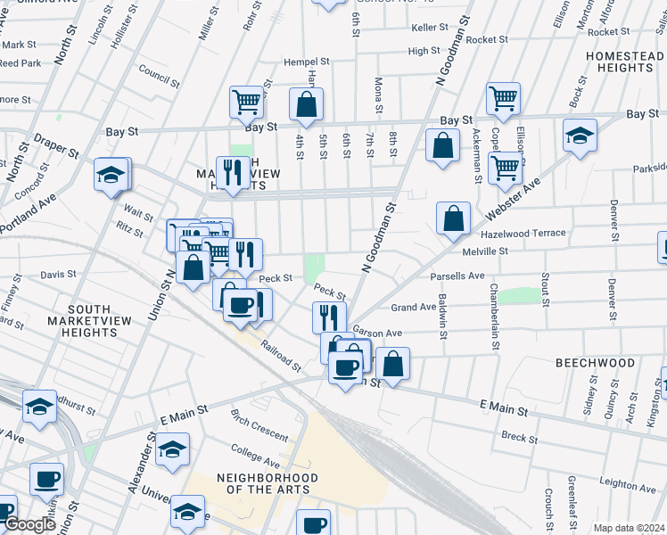 map of restaurants, bars, coffee shops, grocery stores, and more near 48 Fair Place in Rochester