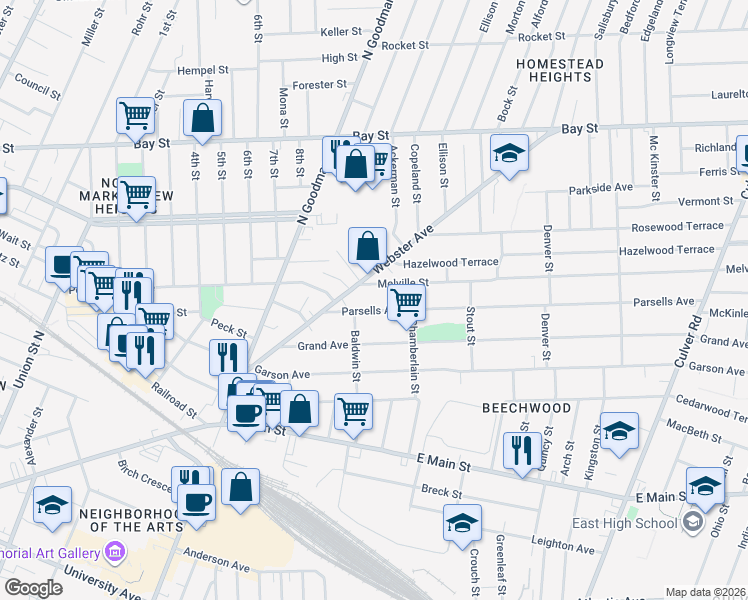 map of restaurants, bars, coffee shops, grocery stores, and more near 85 Parsells Avenue in Rochester