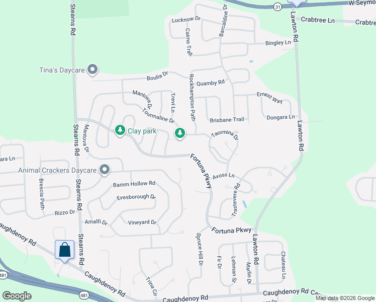 map of restaurants, bars, coffee shops, grocery stores, and more near 5409 Fortuna Parkway in Clay