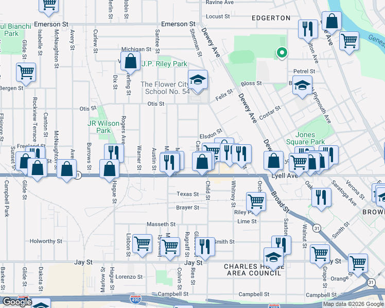 map of restaurants, bars, coffee shops, grocery stores, and more near 37 Cameron Street in Rochester