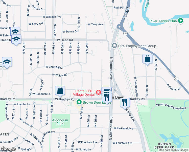 map of restaurants, bars, coffee shops, grocery stores, and more near 8130 North 45th Street in Brown Deer