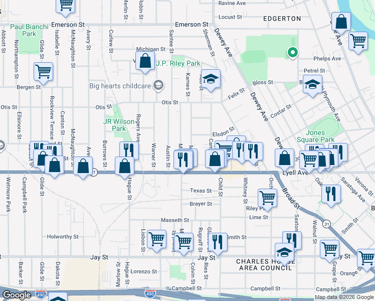 map of restaurants, bars, coffee shops, grocery stores, and more near 37 Myrtle Street in Rochester