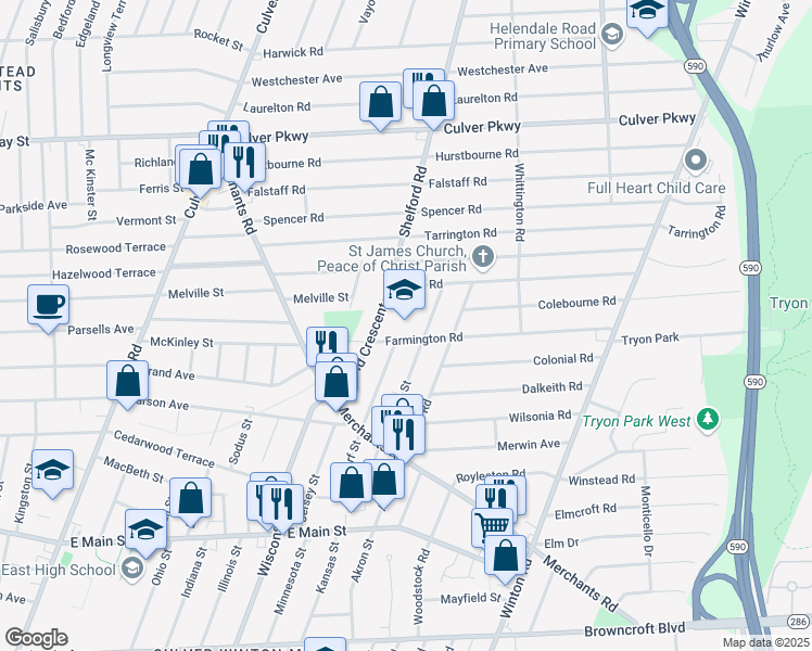 map of restaurants, bars, coffee shops, grocery stores, and more near 100 Farmington Road in Rochester