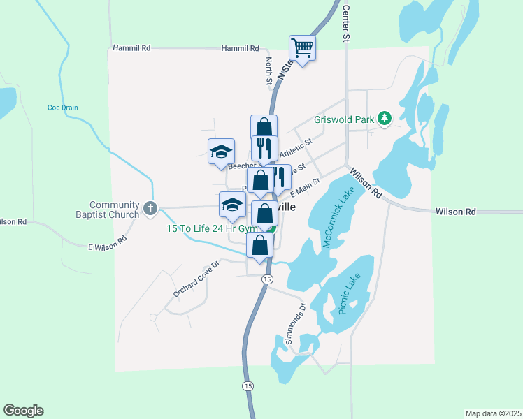 map of restaurants, bars, coffee shops, grocery stores, and more near 129 West Main Street in Davison