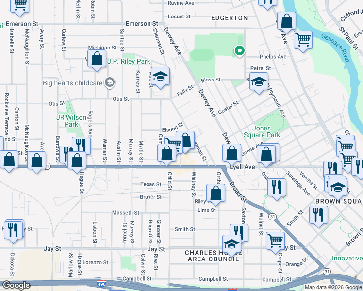 map of restaurants, bars, coffee shops, grocery stores, and more near 80 Angle Street in Rochester