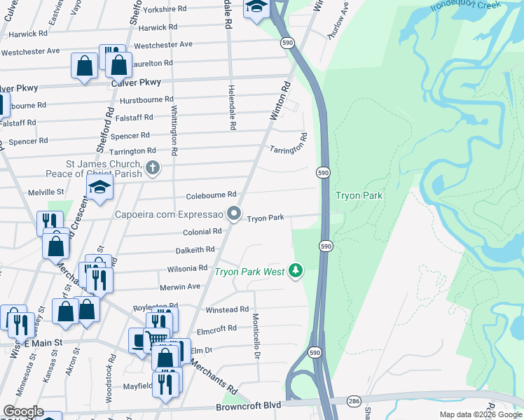map of restaurants, bars, coffee shops, grocery stores, and more near 69 Tryon Park in Rochester