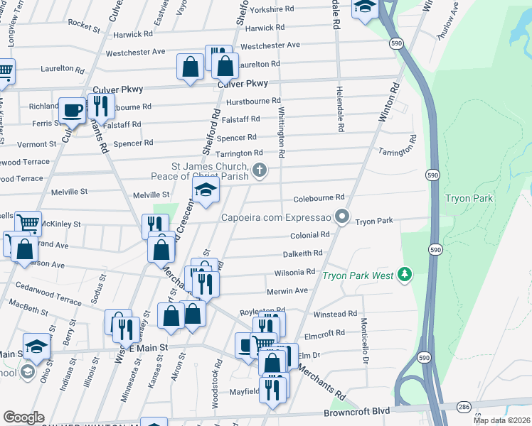 map of restaurants, bars, coffee shops, grocery stores, and more near 245 Farmington Road in Rochester
