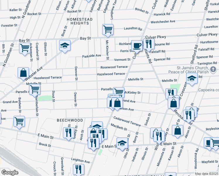 map of restaurants, bars, coffee shops, grocery stores, and more near 493 Parsells Avenue in Rochester