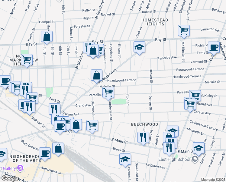 map of restaurants, bars, coffee shops, grocery stores, and more near 131 Parsells Avenue in Rochester