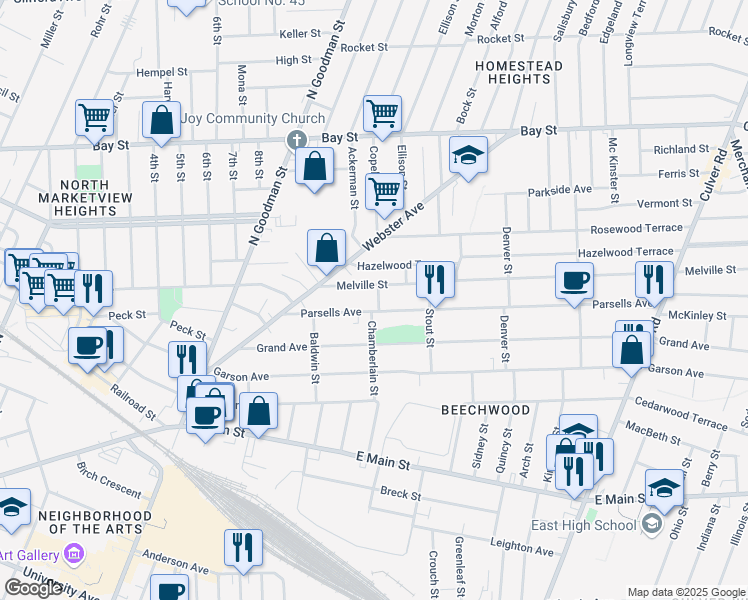 map of restaurants, bars, coffee shops, grocery stores, and more near 131 Parsells Avenue in Rochester