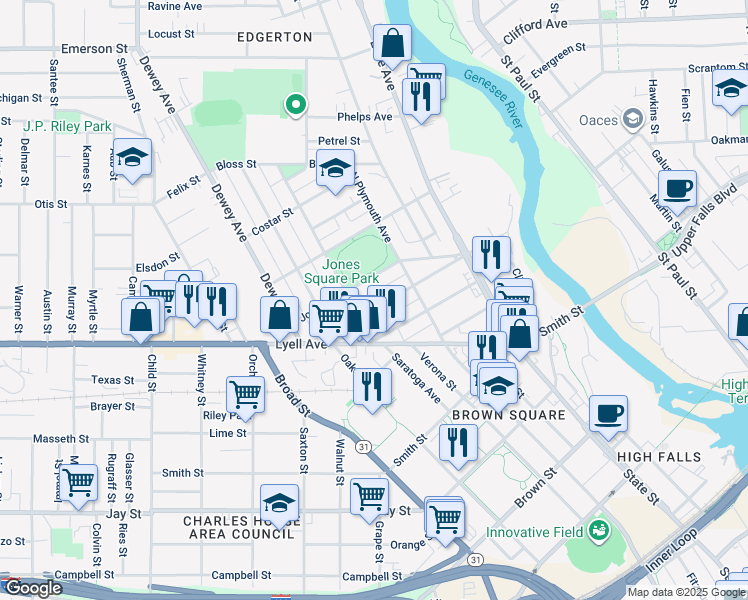 map of restaurants, bars, coffee shops, grocery stores, and more near 119 Ambrose Street in Rochester