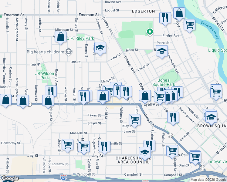 map of restaurants, bars, coffee shops, grocery stores, and more near 53 Angle Street in Rochester