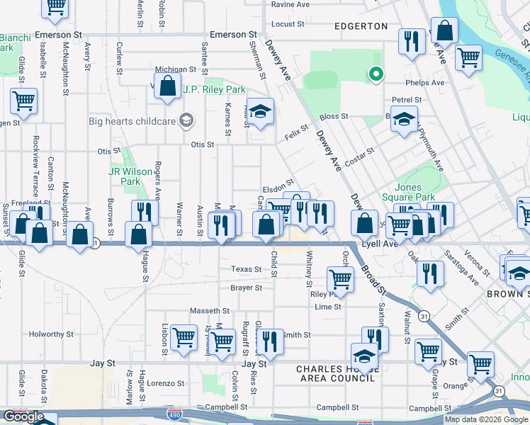 map of restaurants, bars, coffee shops, grocery stores, and more near 37 Cameron Street in Rochester