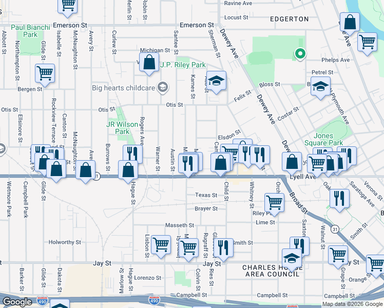 map of restaurants, bars, coffee shops, grocery stores, and more near 37 Myrtle Street in Rochester