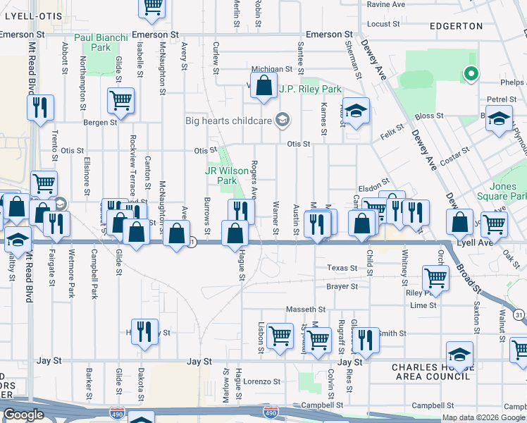 map of restaurants, bars, coffee shops, grocery stores, and more near 39 Lois Street in Rochester