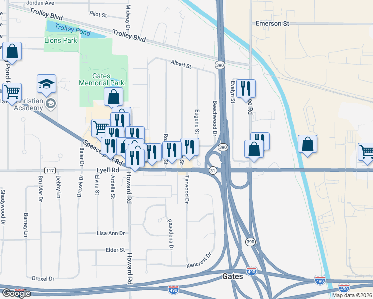 map of restaurants, bars, coffee shops, grocery stores, and more near 280 Matilda Street in Rochester