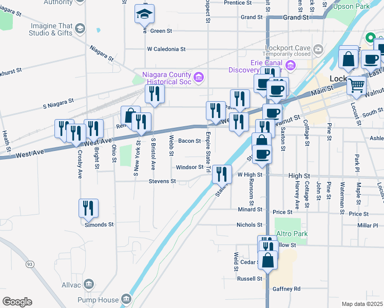 map of restaurants, bars, coffee shops, grocery stores, and more near 32 Sunnyside Street in Lockport