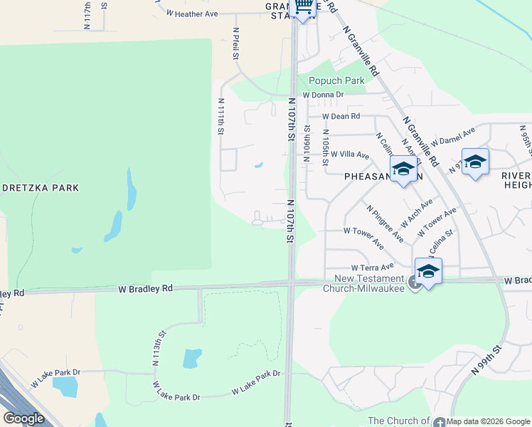 map of restaurants, bars, coffee shops, grocery stores, and more near 8125 North 107th Street in Milwaukee